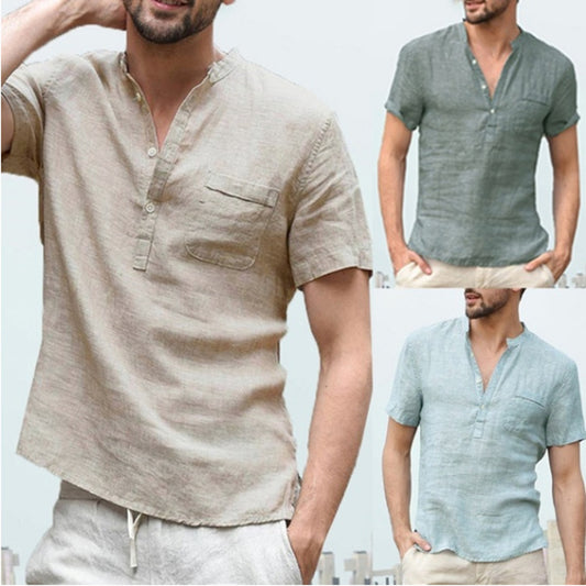 Camisa casual de lino con botones y cuello en V para hombres