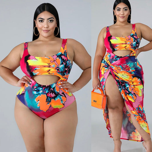 Plus size swimsuit, one-piece skirt with print