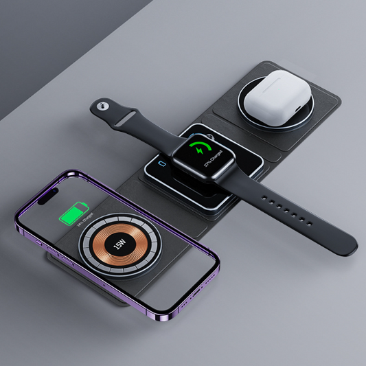 Estación de carga inalámbrica plegable magnética 3 en 1 para iPhone, Apple Watch y Airpods