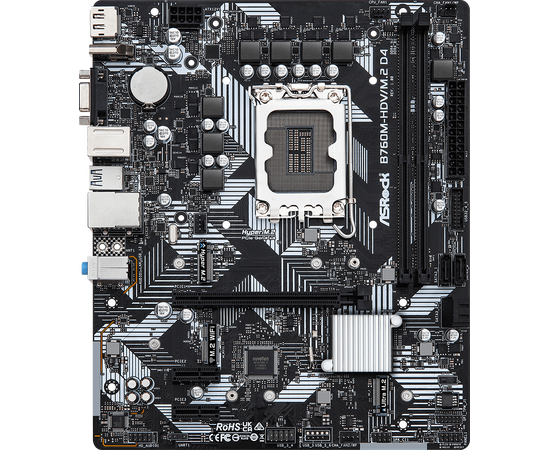  MB s1700 ASRock B760M-HDV/M.2 D4 Intel B760, 2xDDR4-3200 МГц, 1xPCI-Ex16, 2xM.2, Micro-ATX 