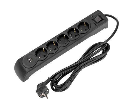  Фильтр сетевой KRANZ 13-4702 5 гнезд, 3м, 3х1,5мм², с автовыкл, 2 USB, черный 