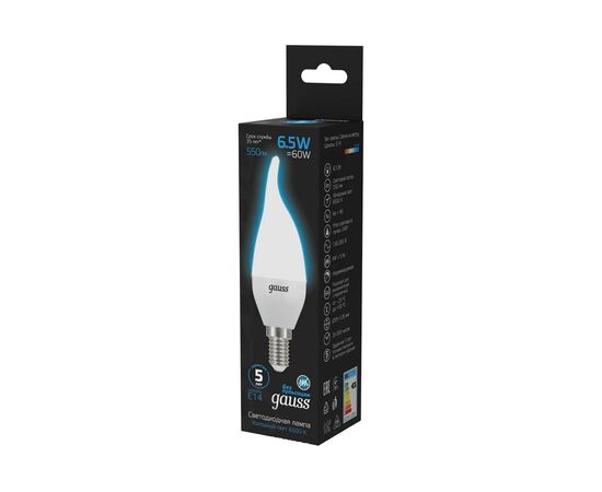  Лампа светодиодная Gauss 104101307 6.5Вт цок.E14 свеча 220B 6500K св.свечения белый холодный уп/10шт 