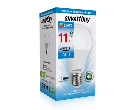 Лампа светодиодная SMARTBUY A60 11Вт 220V 6000K E27 (холодный свет) (1/10/100) 